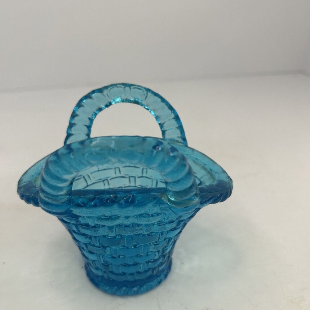 Vintage Aqua Blue Glass Mini Basketweave Trinket Dish Toothpick Holder
